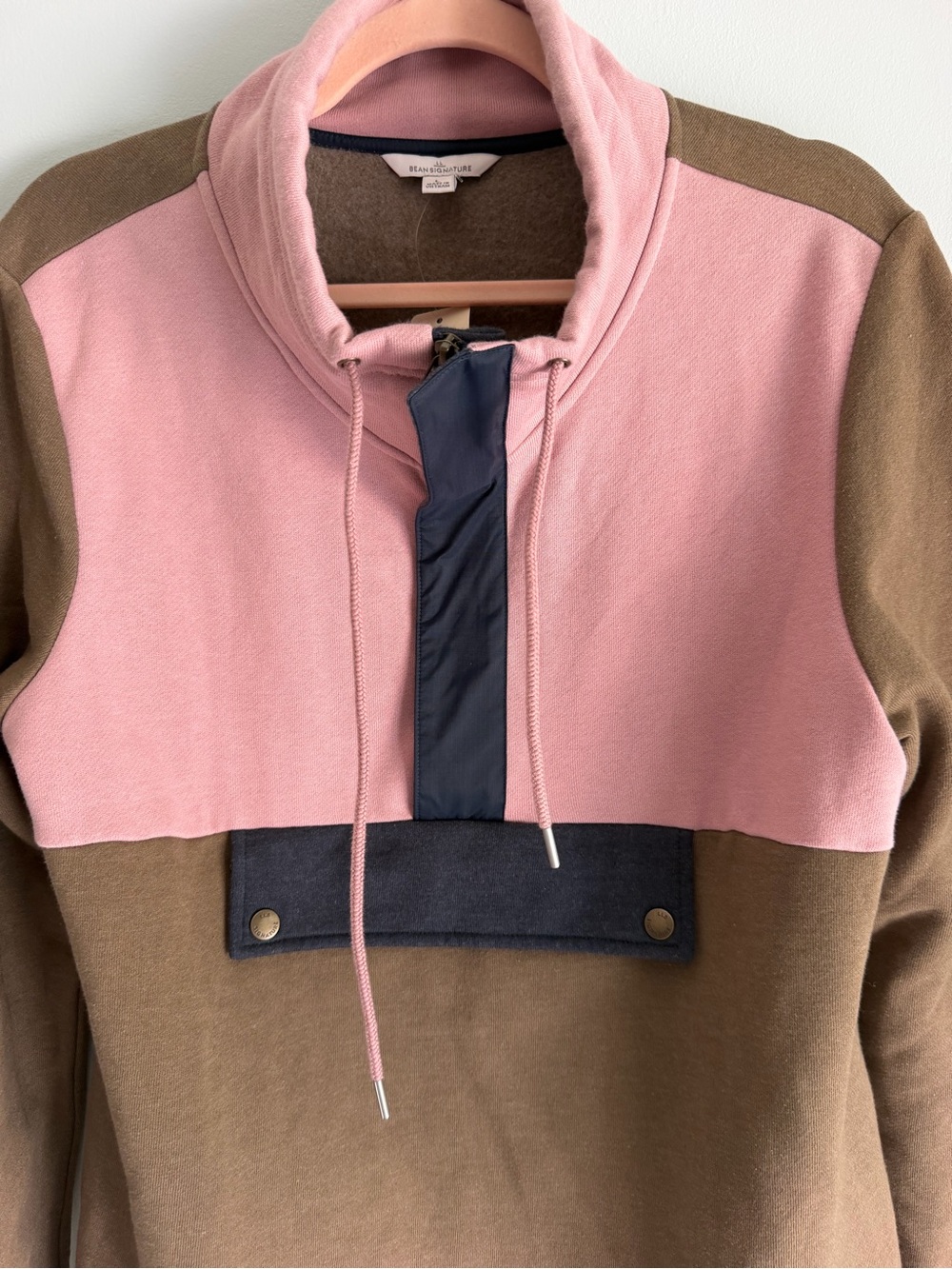 LL Bean Signature color block pink, brown, navy half zip. Large NWT